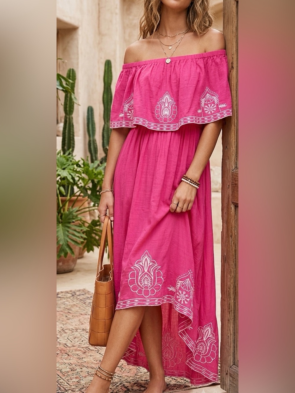 Bright pink Rayofolklore asymmetric off shoulder floralEmbroidered Maxi dress L